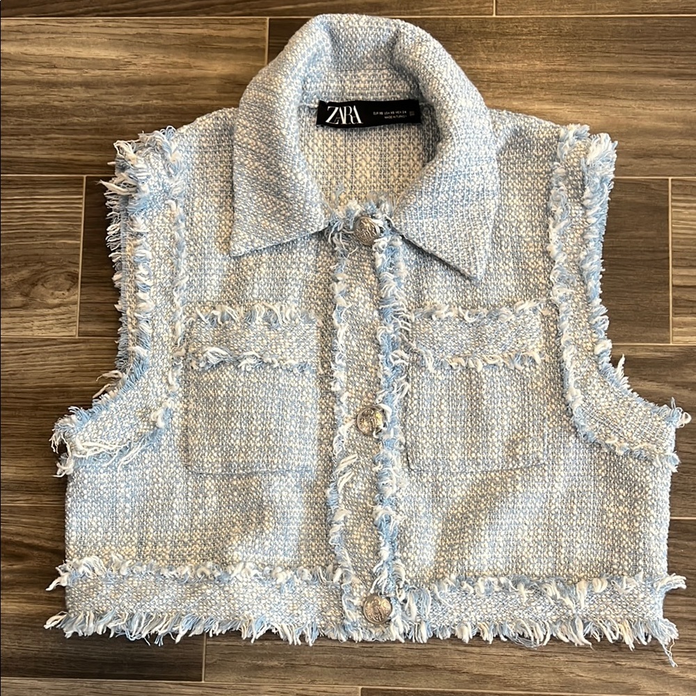 Zara Blue Tweed Cropped Vest size XS